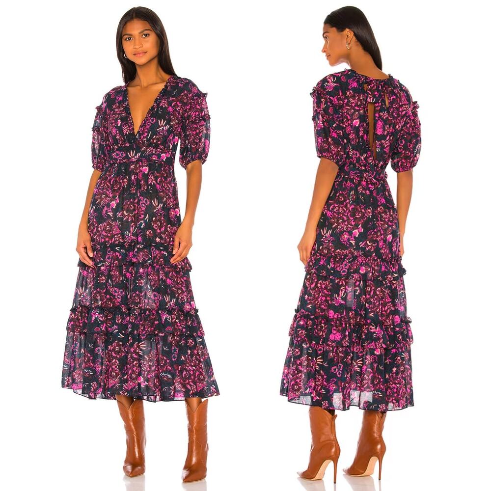 Ulla Johnson Dress Amora Floral Tie Open Back Puff Sleeve Midi Midnight Size 4